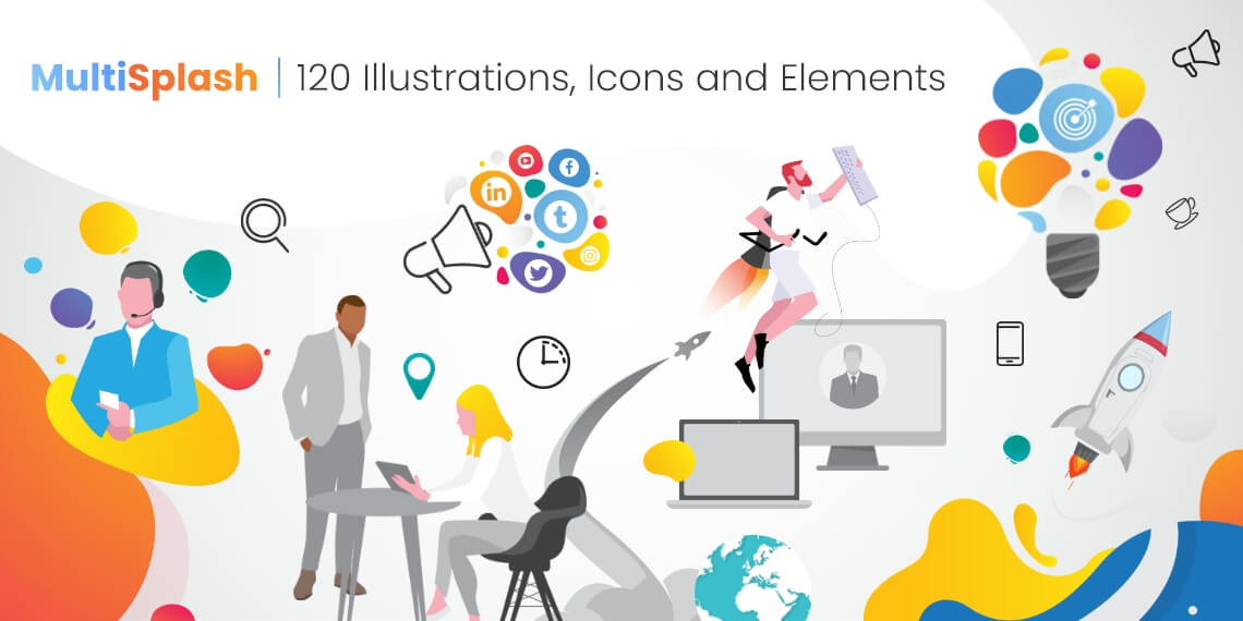 120 Icons, Illustrations and Elements for MultiSplash Presentation Template