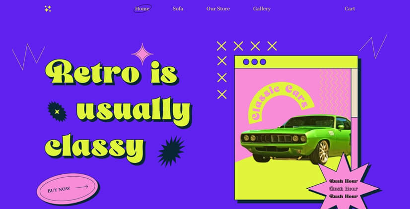 Blue violet purple color scheme website in retro design style