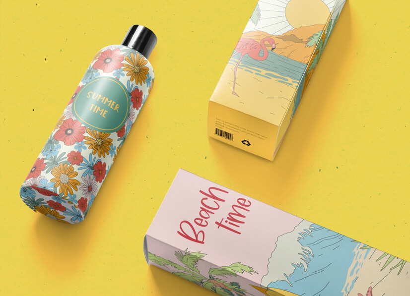 Cosmetic package and product design with retro vibe flat illustrations