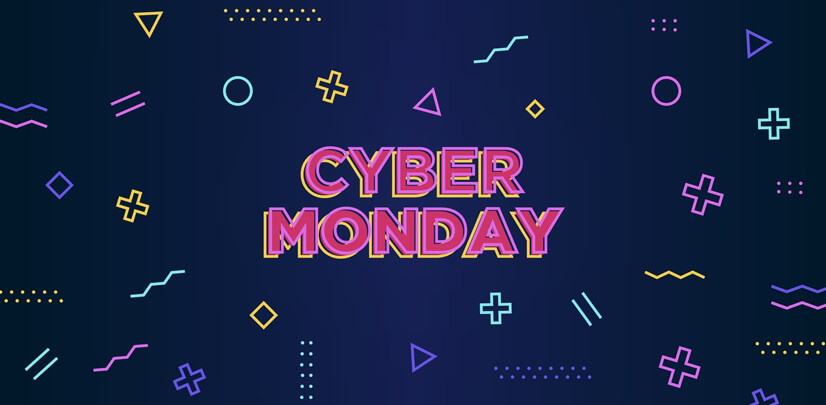 Cyber monday campaign banner design Memphis elements high tech