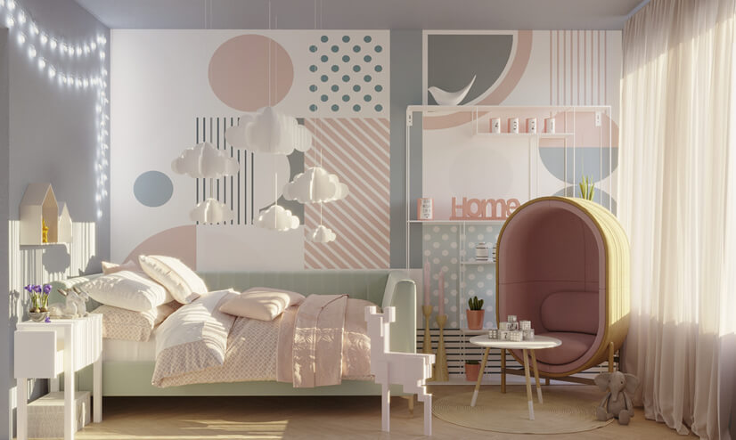 Great example of memphis wall paint with pastel colors for kids room