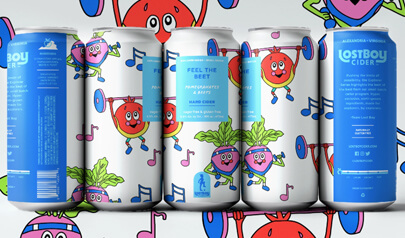 Lostboy drink can product design example with simple cartoony illustrations