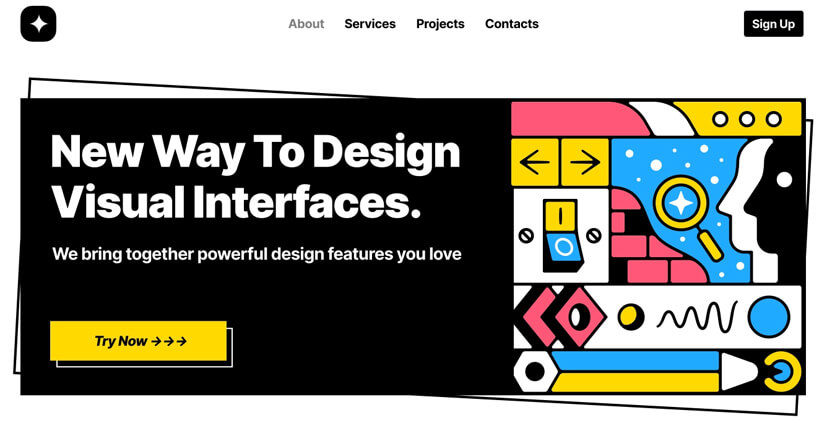 Mega cool website design example with retro inspired illustrations from 70s