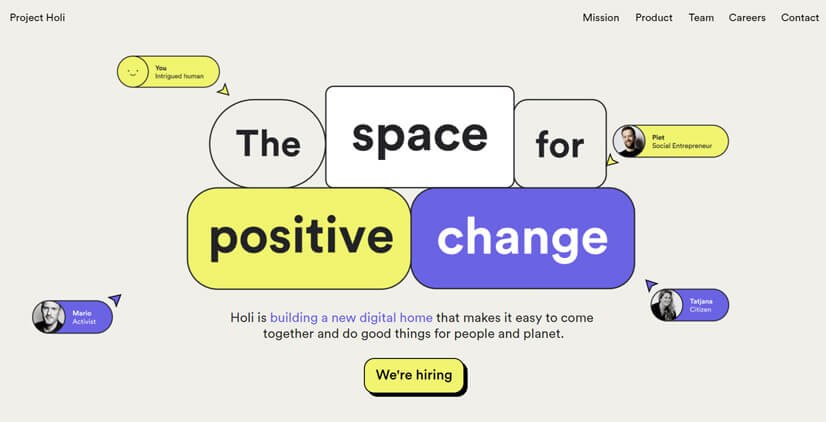 Space for positive change web design live example with retro geometry 70s style