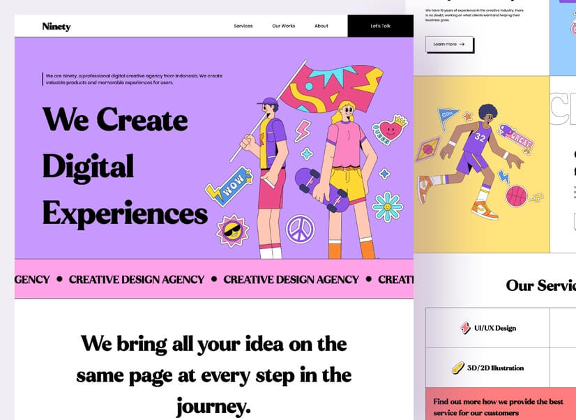 Website design with colorful line art retro illustrations