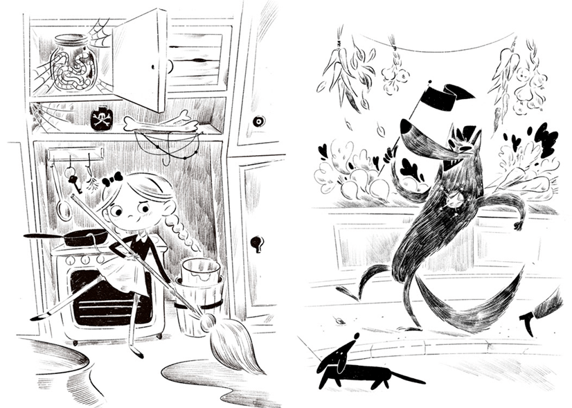 Cartoon children book drawings in black and white