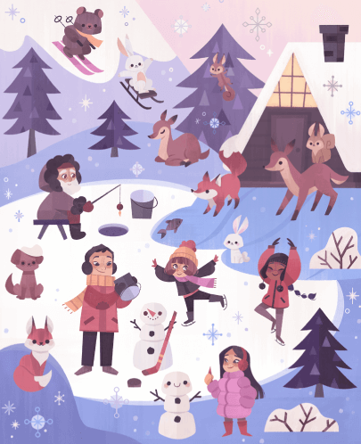 Children Book Illustration Styles Wimmelbuch 12 months of the year Activity Book by Yaroslava Apollonova Winter