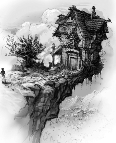 Line Drawing and Sketch Illustration Style The Dragon's Embrace The Falling House by Nenad Pantic